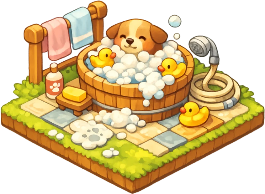 A cozy isometric bathing station — a wooden tub full of bubbles, rubber ducks, and a happy pup